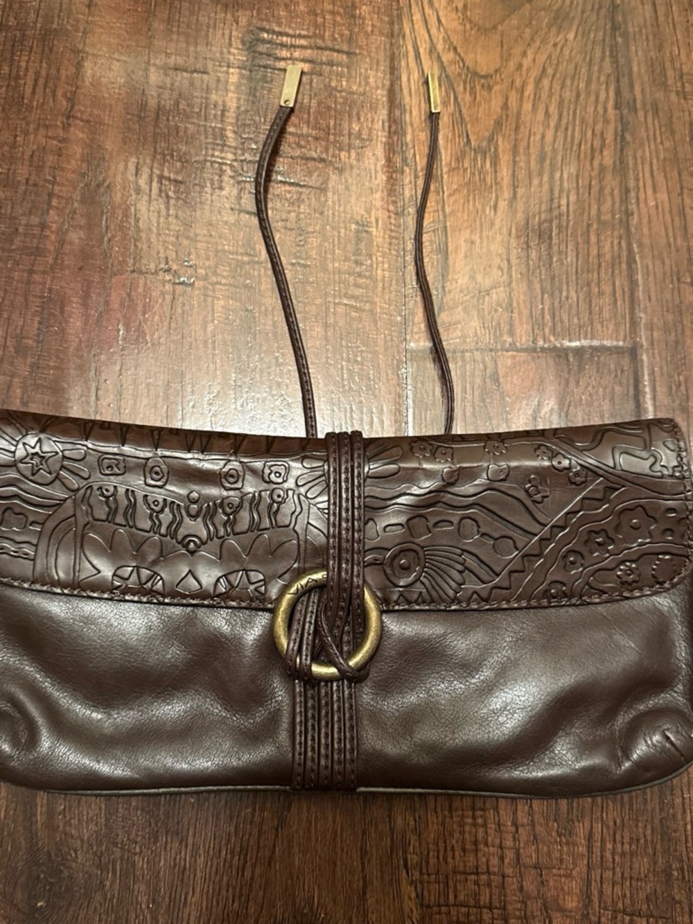 Via Spiga Dark Brown Embossed Leather Clutch with Brass Ring